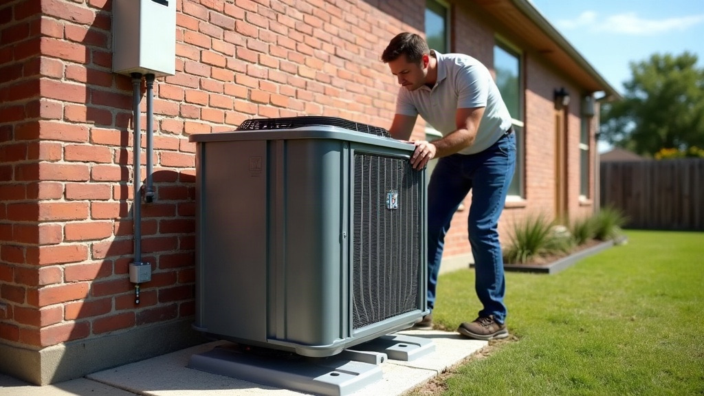 New AC condenser unit being installed on a concrete pad at a brick home in Fort Worth, TX