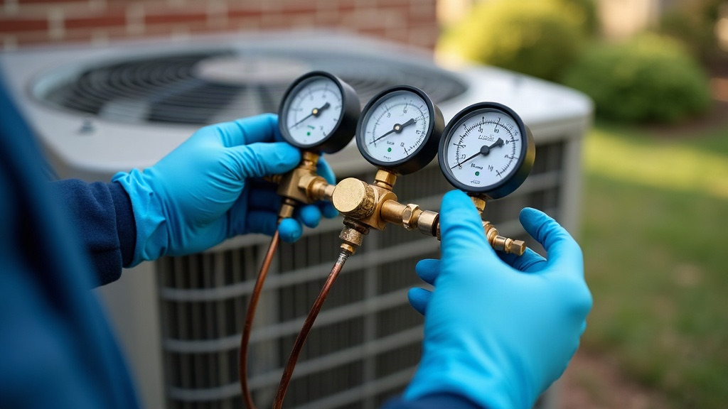 HVAC technician checking refrigerant gauges on an outdoor AC condenser in Fort Worth, TX