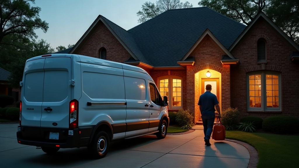 HVAC service van at a Fort Worth, TX home at dusk for an emergency AC repair call