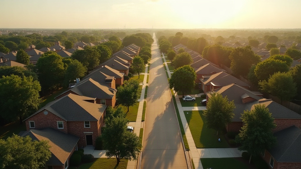 Fort Worth, TX neighborhood of brick ranch homes shimmering in summer heat