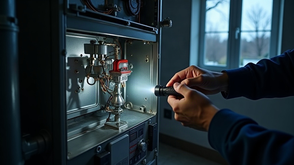 Technician inspecting the burner assembly of a gas furnace in a Fort Worth, TX home