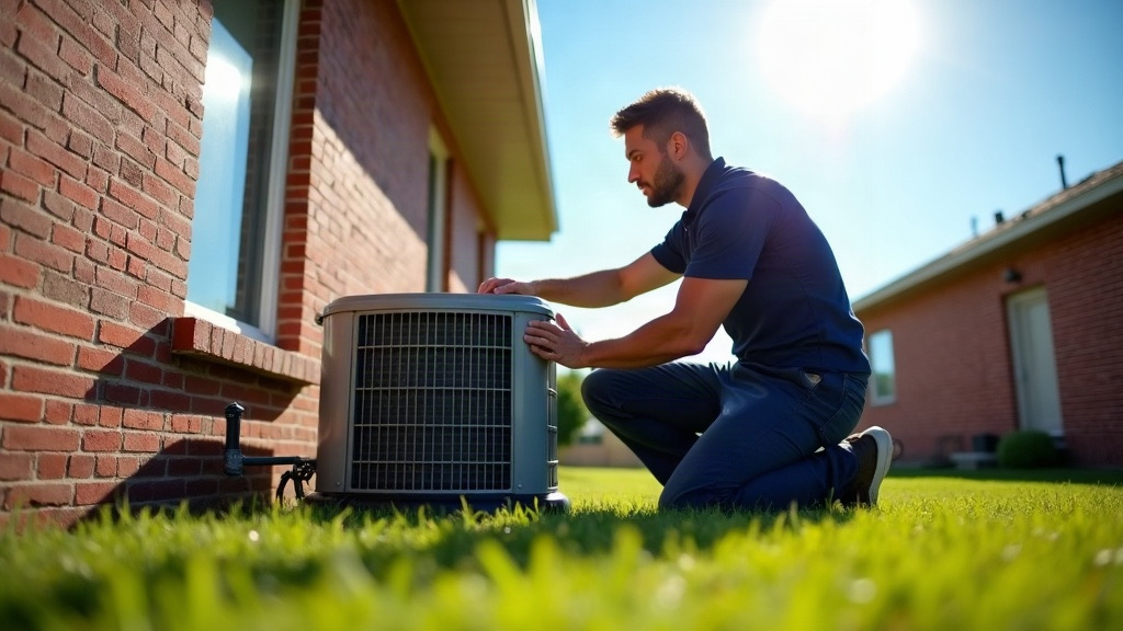 HVAC technician servicing an outdoor AC condenser at a brick home in Fort Worth, TX
